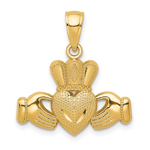 14k-polished-textured-claddagh-pendant-SolomonJeweler-Wichita-KS-CustomJewelry