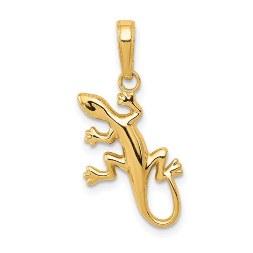 14k polished gold gecko pendant from Solomon Jewelers, featuring a sleek and shiny reptile charm for jewelry accessories.