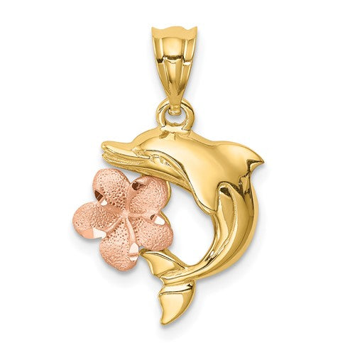 14k-two-tone-brushed-polished-diamond-cut-plumeria-w-dolphin-pendant-SolomonJeweler-Wichita-KS-CustomJewelry