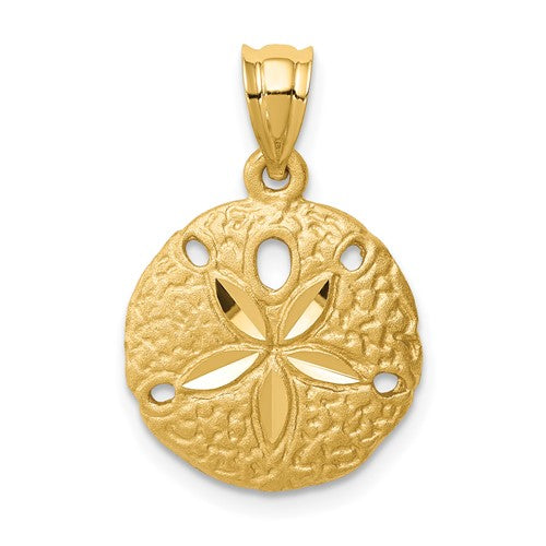14k-brushed-diamond-cut-sand-dollar-pendant-SolomonJeweler-Wichita-KS-CustomJewelry