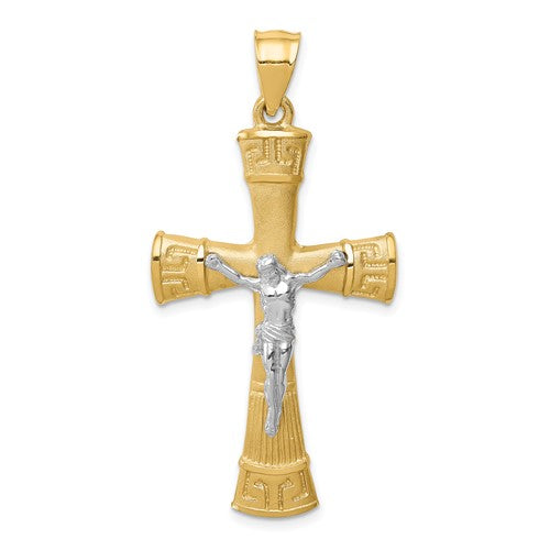 14k-two-tone-brushed-polished-greek-key-crucifix-pendant-SolomonJeweler-Wichita-KS-CustomJewelry