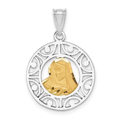 14k-two-tone-brushed-polished-virgin-d-c-mary-pendant-SolomonJeweler-Wichita-KS-CustomJewelry