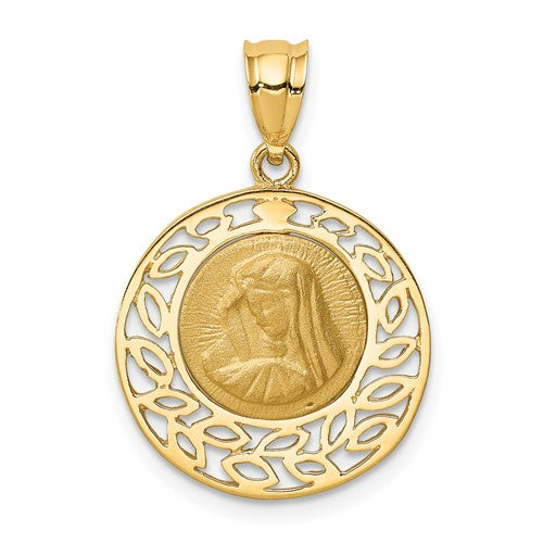 14k-brushed-polished-virgin-mary-pendant-SolomonJeweler-Wichita-KS-CustomJewelry