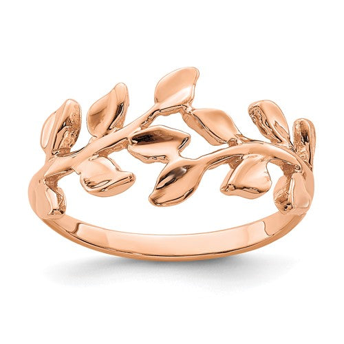 14K rose gold polished leaf ring showcasing detailed leaf design, crafted by Solomon Jewelers.