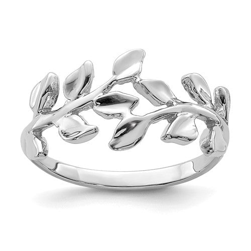 Polished 14K white gold leaf ring with intricate leaf design, jewelry ring by Solomon Jewelers on a plain background.