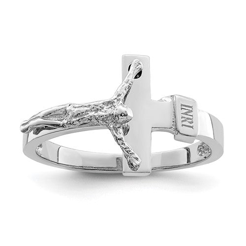 14K white gold INRI crucifix ring with polished finish, featuring detailed religious cross design, jewelry ring by Solomon Jewelers