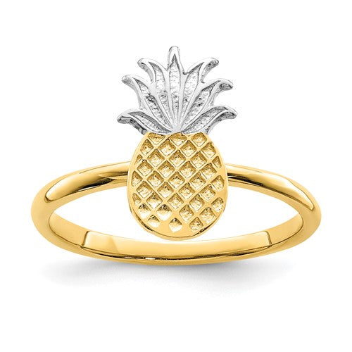 14K gold and white rhodium polished pineapple ring featuring intricate design, crafted by Solomon Jewelers.