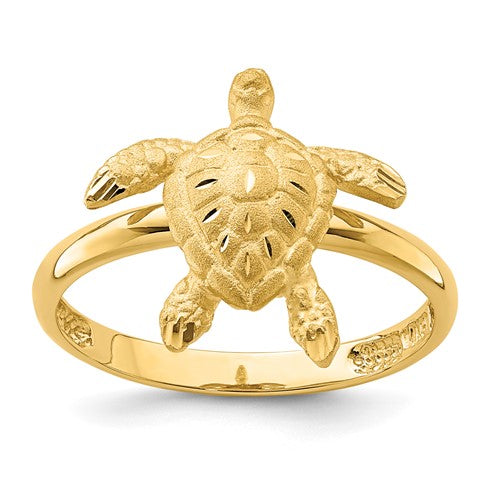 14K gold brushed and polished turtle ring, jewelry ring with detailed turtle design, from Solomon Jewelers.
