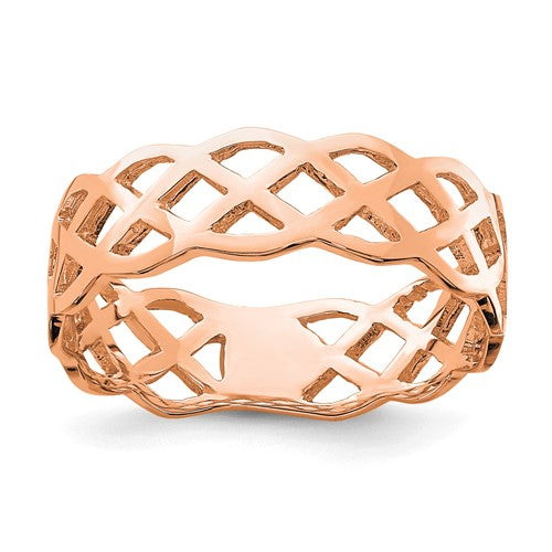 14K rose gold polished weave ring showing intricate braided design, jewelry ring from Solomon Jewelers.