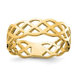 14K polished weave ring from Solomon Jewelers, showcasing a sleek, intertwined gold design in a close-up image.