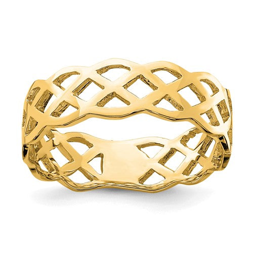 14K polished weave ring from Solomon Jewelers, showcasing a sleek, intertwined gold design in a close-up image.