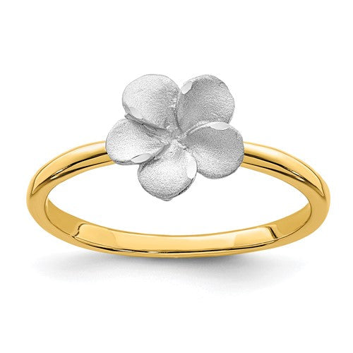 14K two-tone brushed and polished Plumeria ring with floral design, crafted in jewelry by Solomon Jewelers.