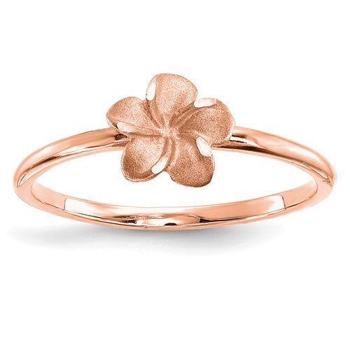 14k rose gold brushed and polished Plumeria ring from Solomon Jewelers, showcasing intricate floral design and fine craftsmanship.