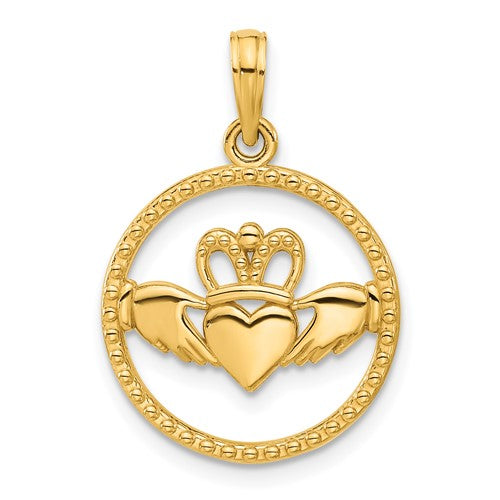 14k-polished-circle-claddagh-pendant-SolomonJeweler-Wichita-KS-CustomJewelry