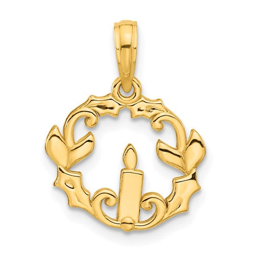 14k-polished-candle-with-holly-circle-pendant-SolomonJeweler-Wichita-KS-CustomJewelry