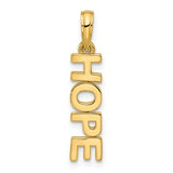 14k polished HOPE pendant from Solomon Jewelers, close-up of shiny gold jewelry with engraved design.