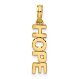 14k polished HOPE pendant from Solomon Jewelers, close-up of shiny gold jewelry with engraved design.