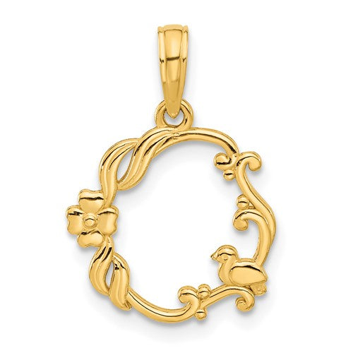 14k-polished-floral-with-bird-circle-pendant-SolomonJeweler-Wichita-KS-CustomJewelry