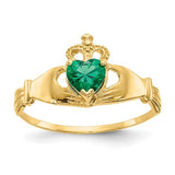 14k green CZ Claddagh ring from Solomon Jewelers, polished gold band with heart and hands design, jewelry ring for special occasions