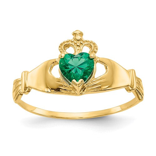 14k green CZ Claddagh ring from Solomon Jewelers, polished gold band with heart and hands design, jewelry ring for special occasions