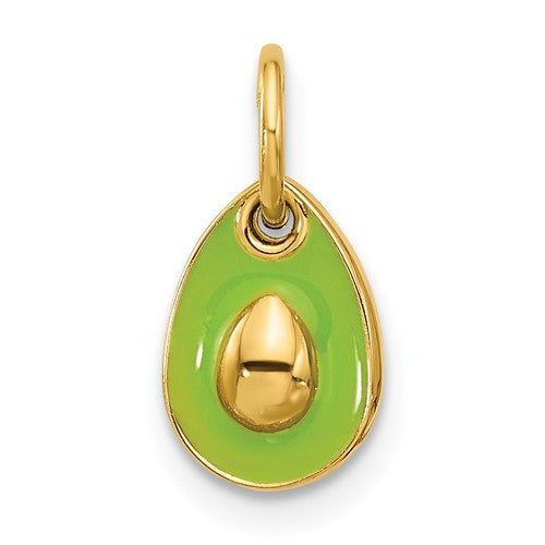 14k gold avocado pendant with green epoxy accent from Solomon Jewelers, showcasing a detailed and colorful jewelry charm.
