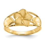 14k satin and diamond-cut Plumeria ring showcasing intricate floral design, crafted by Solomon Jewelers.