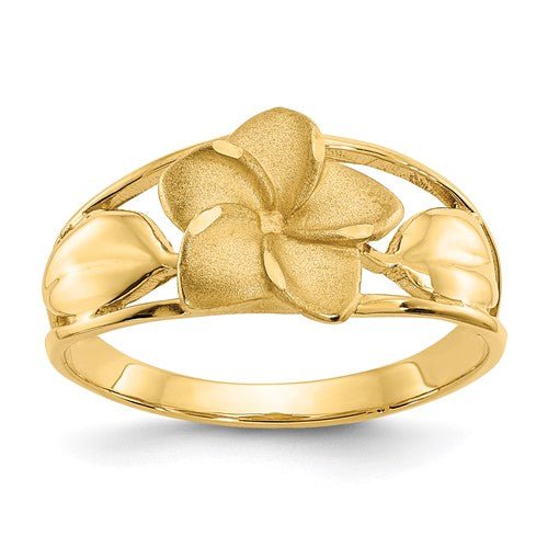 14k satin and diamond-cut Plumeria ring showcasing intricate floral design, crafted by Solomon Jewelers.