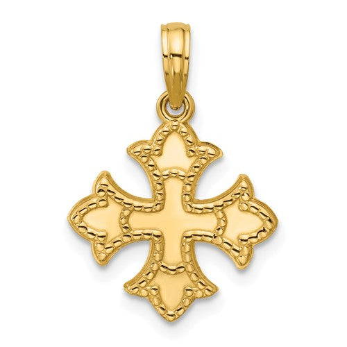 14k-polished-beaded-fleur-de-lis-cross-pendant-SolomonJeweler-Wichita-KS-CustomJewelry
