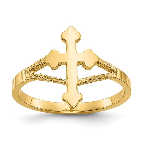 14k polished gold cross ring featuring a sleek, shiny design, perfect for elegant jewelry styling.