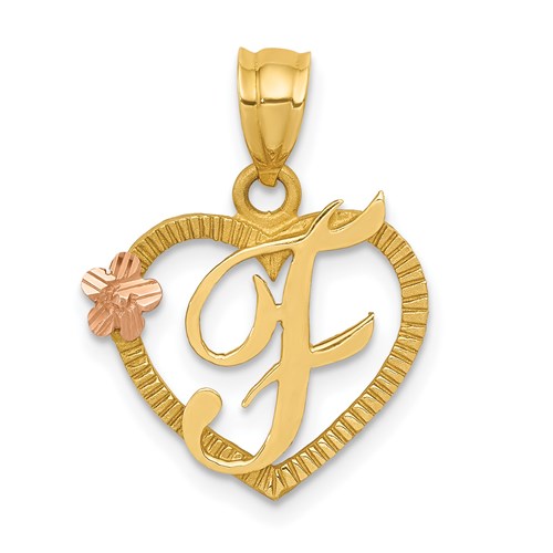 14k two-tone gold heart-shaped letter F initial pendant, elegant jewelry with a polished finish, perfect for personalized accessories.