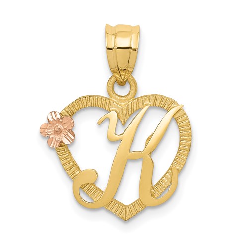 14k two-tone gold heart-shaped letter K initial pendant with charm, featuring a stylish design from Solomon Jewelers.