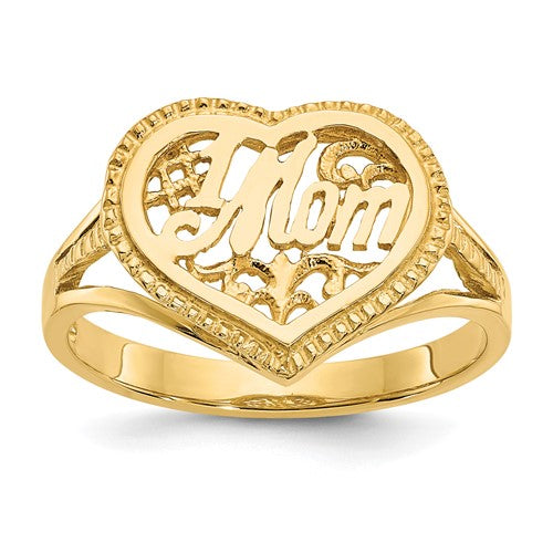 14k gold "#1 Mom" heart-shaped ring from Solomon Jewelers, featuring a detailed design in a close-up view.