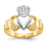14k gold and silver men's Claddagh ring featuring a traditional heart, crown, and hands design, crafted by Solomon Jewelers.