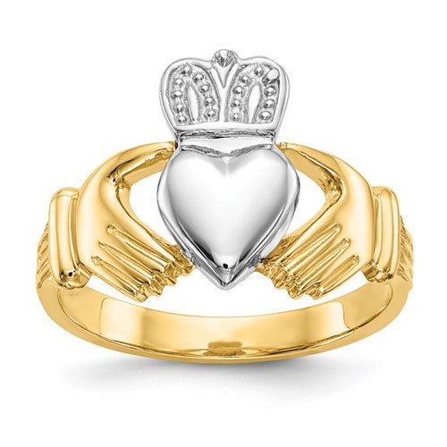 14k gold and silver men's Claddagh ring featuring a traditional heart, crown, and hands design, crafted by Solomon Jewelers.