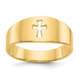 14k polished cut-out cross ring from Solomon Jewelers, showcasing intricate design and shiny gold finish on a plain background.