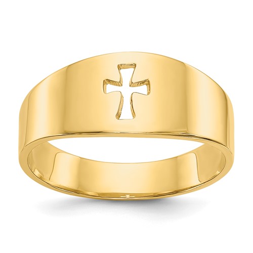 14k polished cut-out cross ring from Solomon Jewelers, showcasing intricate design and shiny gold finish on a plain background.