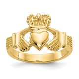 14k polished Claddagh ring featuring a detailed heart and crown design, crafted by Solomon Jewelers.