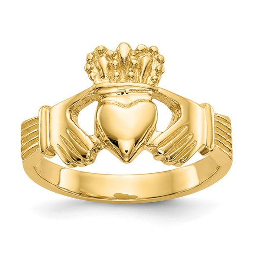 14k polished Claddagh ring featuring a detailed heart and crown design, crafted by Solomon Jewelers.