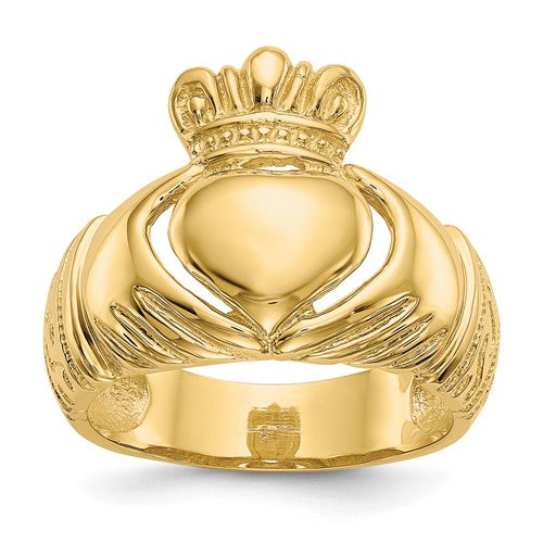14k polished domed Claddagh ring from Solomon Jewelers, featuring detailed heart and crown design in sterling silver jewelry.