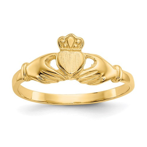 14k polished and satin Claddagh ring, gold jewelry featuring traditional design, crafted by Solomon Jewelers.