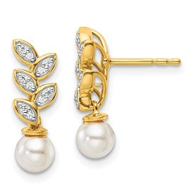14k-polished-diamond-and-pearl-leaf-dangle-post-earrings-SolomonJeweler-Wichita-KS-CustomJewelry