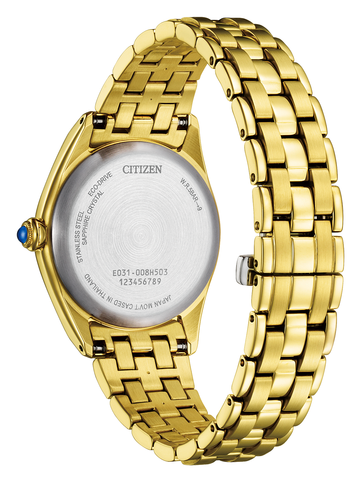 Citizen gold-tone stainless steel watch shown from the back, featuring a gold link bracelet, a silver-toned circular case back with engraved details, and a small blue accent cabochon on the crown.