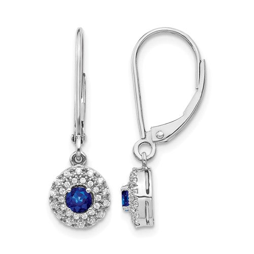 14k-white-gold-diamond-halo-sapphire-leverback-dangle-earrings-SolomonJeweler-Wichita-KS-CustomJewelry