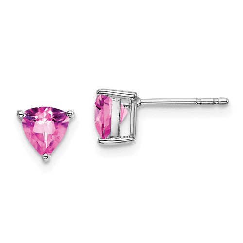 14k-white-gold-trillion-created-pink-sapphire-earrings-SolomonJeweler-Wichita-KS-CustomJewelry