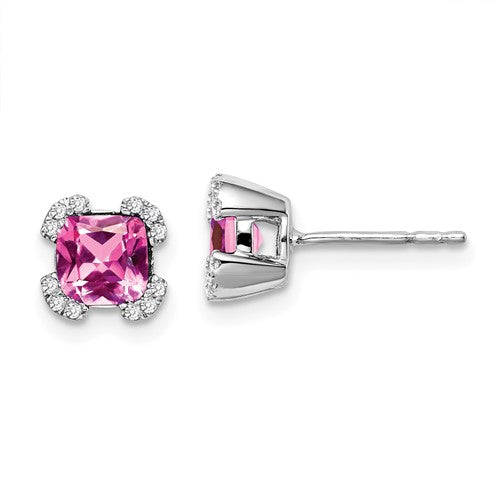 14k-white-gold-cushion-created-pink-sapphire-and-diamond-earrings-SolomonJeweler-Wichita-KS-CustomJewelry