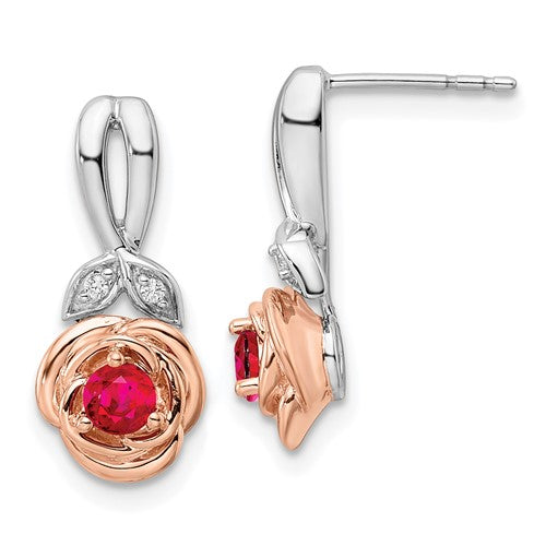 14k-two-tone-white-rose-ruby-and-diamond-flower-post-earrings-SolomonJeweler-Wichita-KS-CustomJewelry