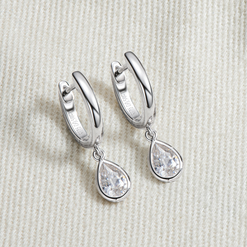 Moissanite Teardrop Dangle Hoop Earrings in Sterling Silver - Solomon Jewelers