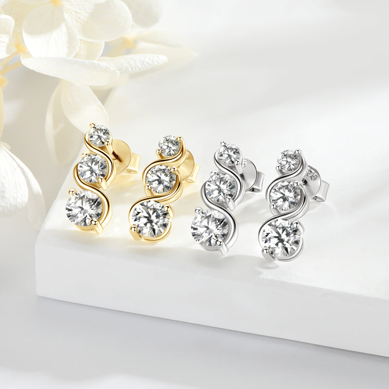 Moissanite Triple Stone Curve Earrings in Sterling Silver - Solomon Jewelers