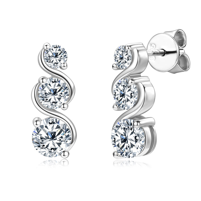Moissanite Triple Stone Curve Earrings in Sterling Silver - Solomon Jewelers