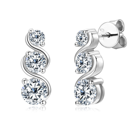 Moissanite Triple Stone Curve Earrings in Sterling Silver - Solomon Jewelers